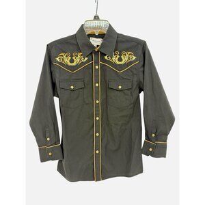 Rockmount Ranch Black Western Pearl Snap Rodeo Shirt Youth Sz 14 Gold Embroidery